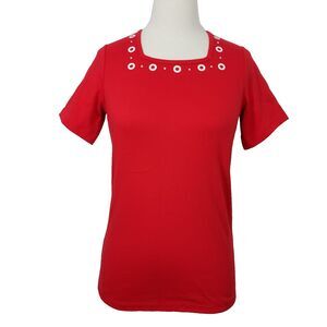Quacker Factory Rhinestone Grommet T Shirt Top Size XXS Red Short Sleeve Stretch